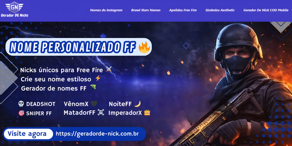 Banner de gerador de nick Free Fire com soldado mascarado.